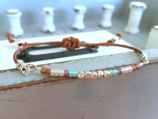 Purple, Brown, and Aqua Adjustable Stack bracelet, boho Friendship stack set