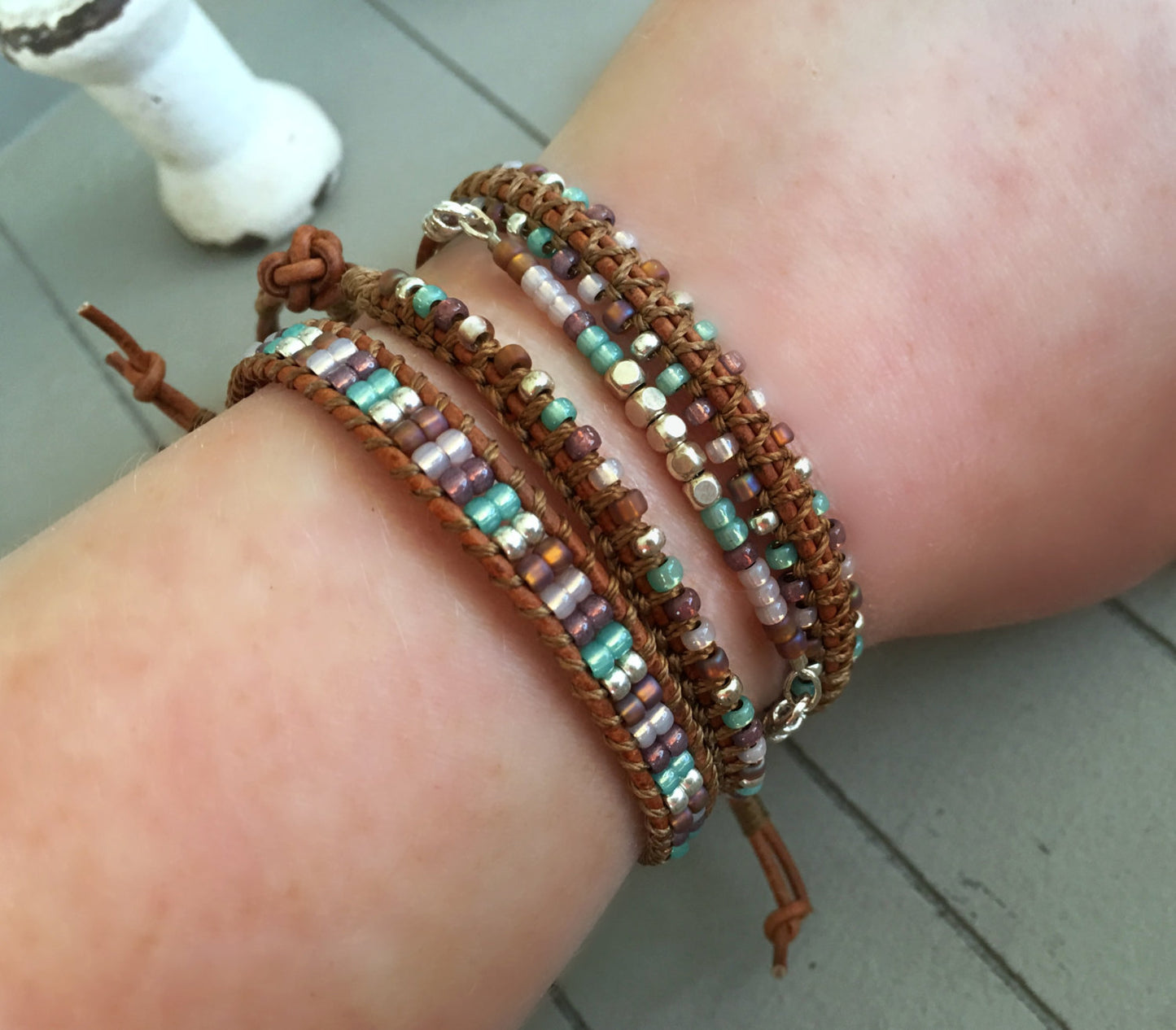 Purple, Brown, and Aqua Adjustable Stack bracelet, boho Friendship stack set