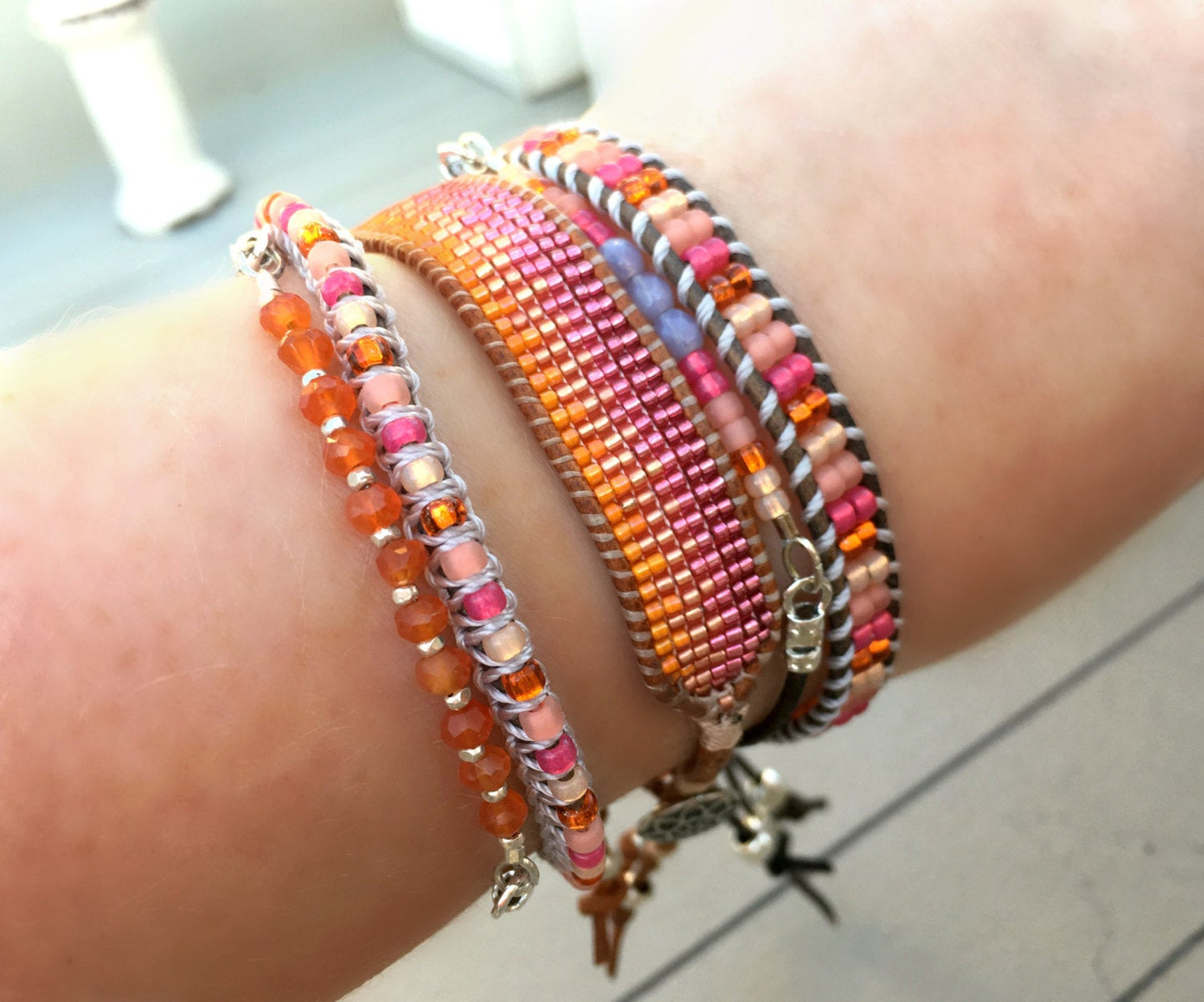 Faded Orange to Pink Ombre Loom woven friendship bracelet