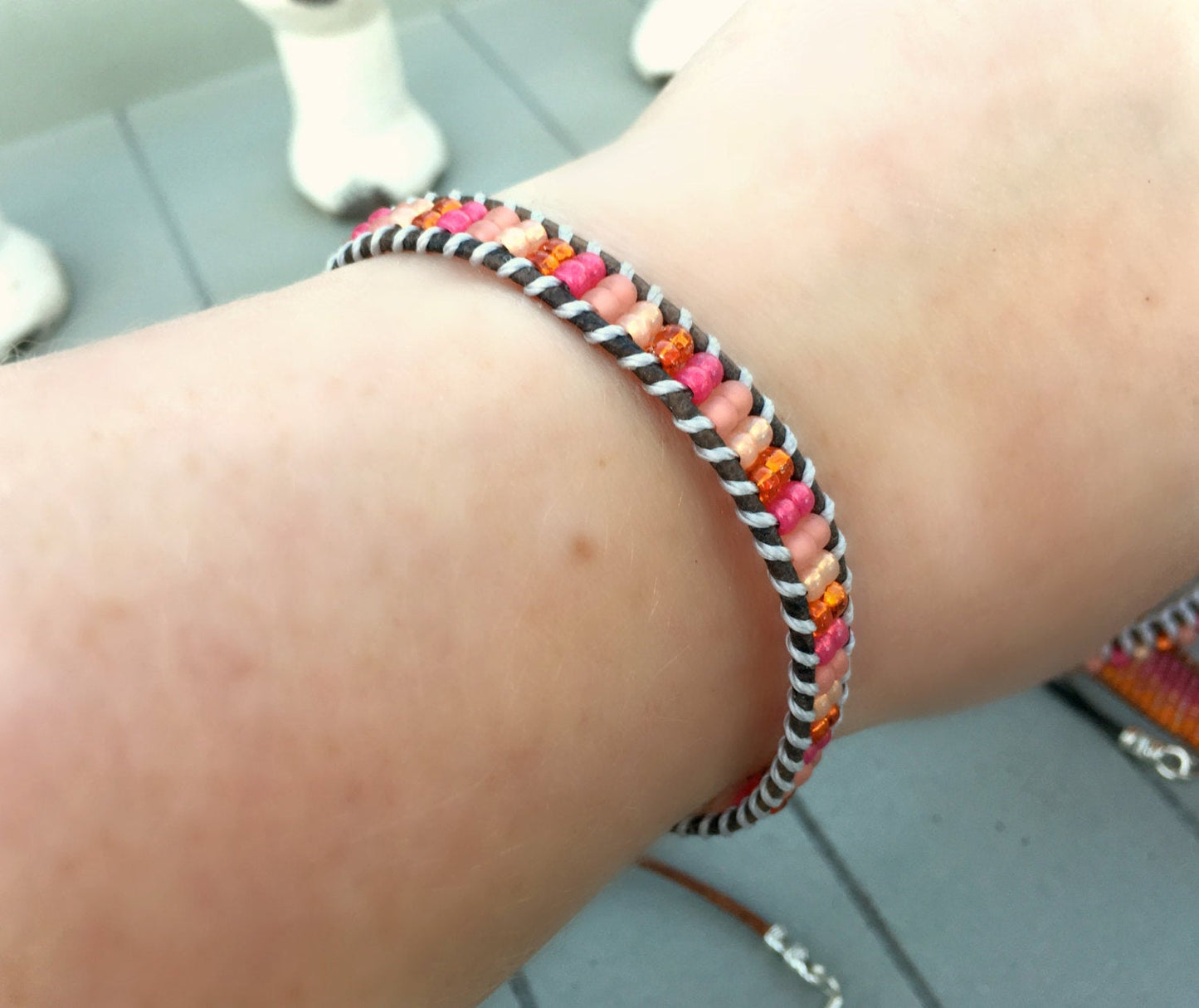 Pink and Orange Ladder Woven Leather Stack bracelet