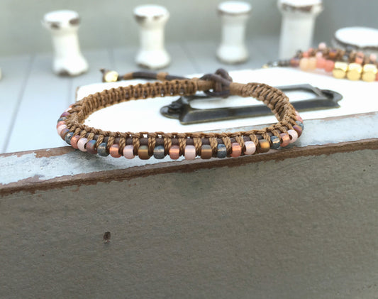 Coral Peach and Brown Top Beaded Macrame Woven Leather Stack bracelet