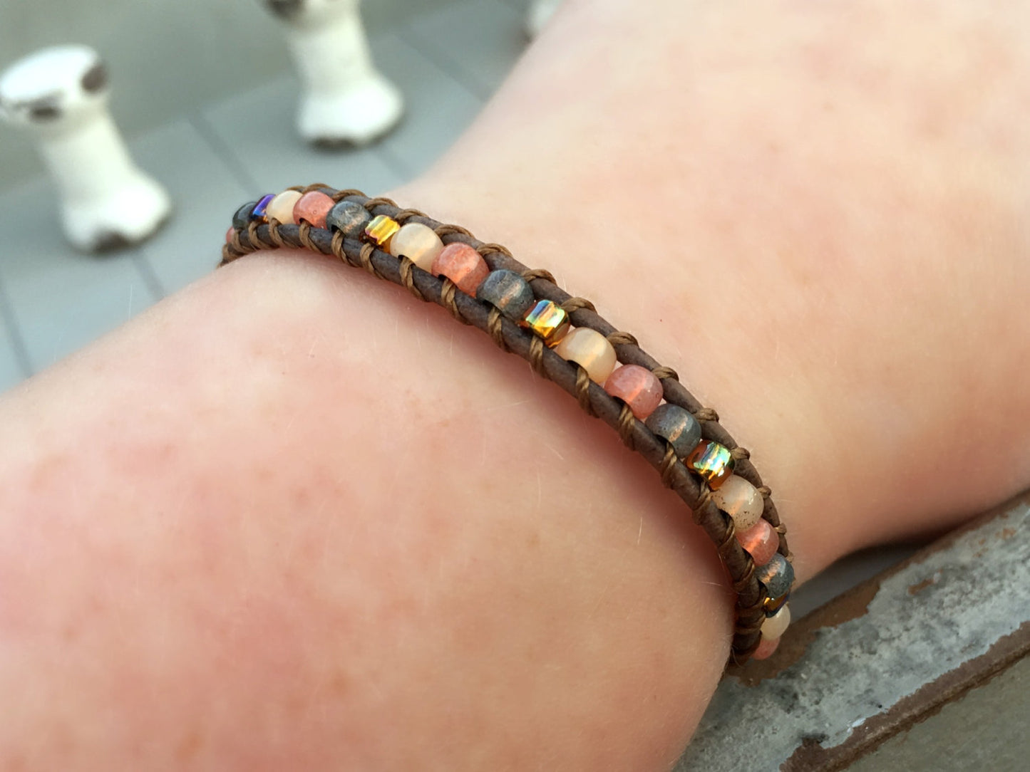 Coral Peach and Brown Ladder Woven Leather Stack bracelet