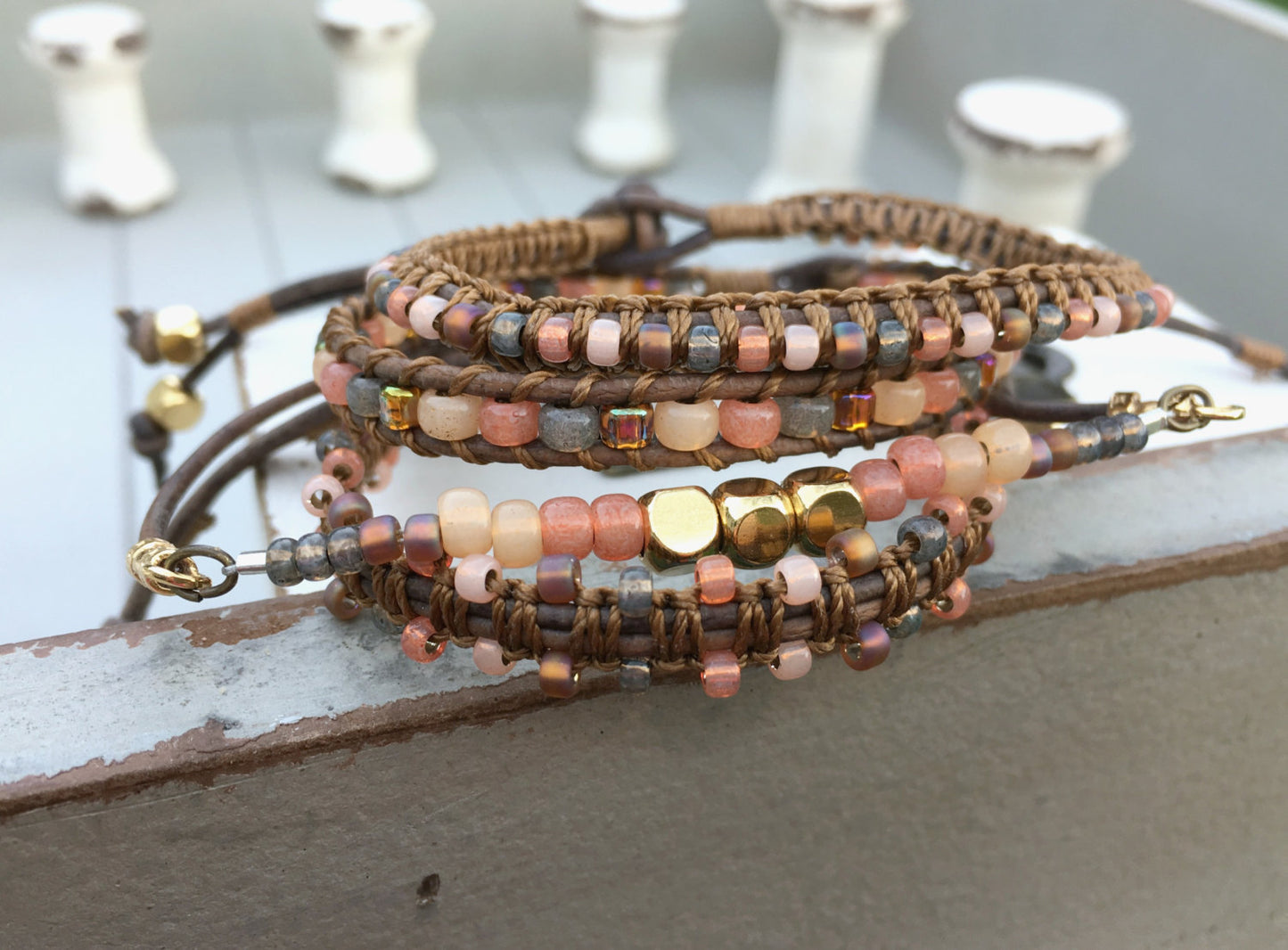 Coral Peach and Brown Ladder Woven Leather Stack bracelet