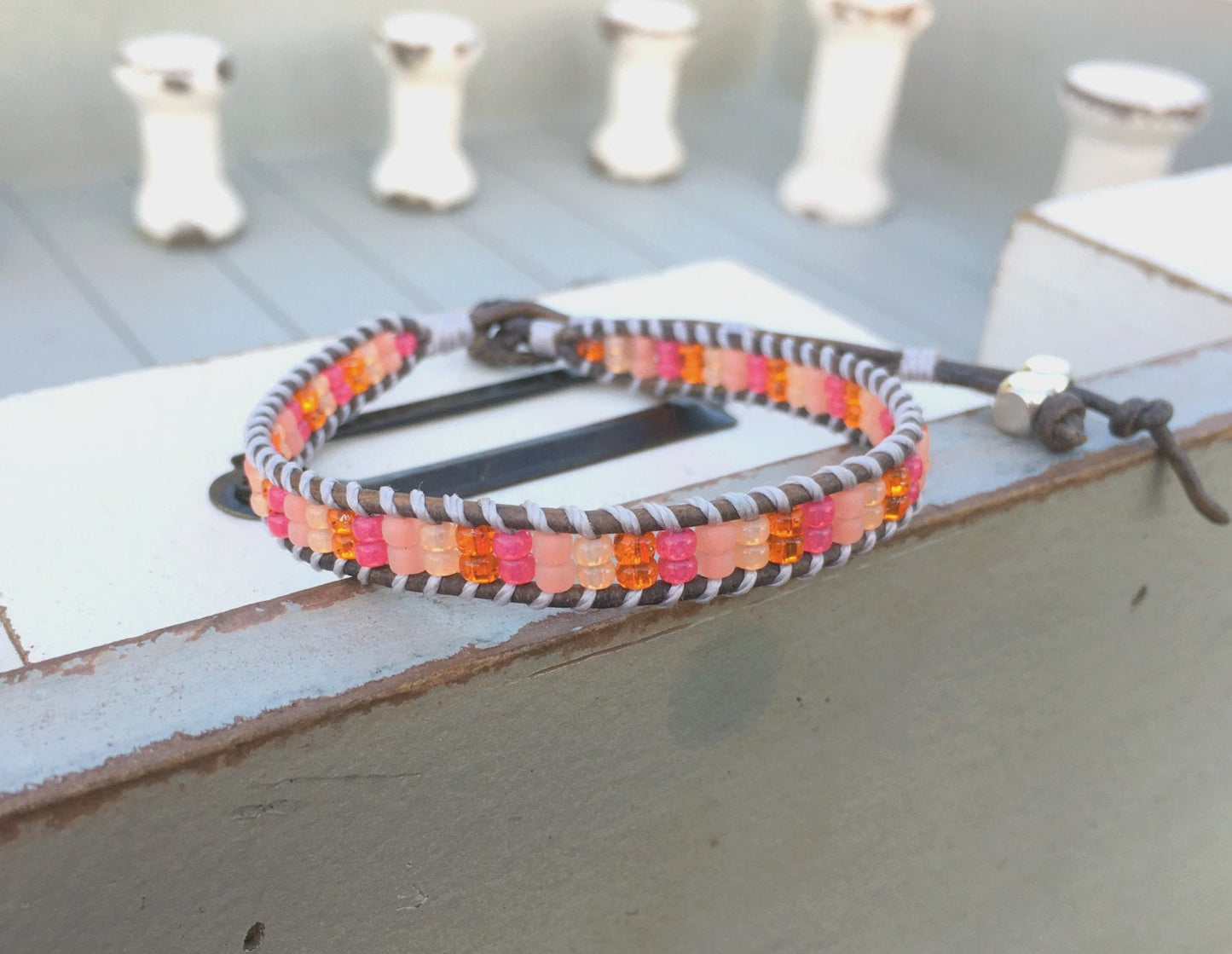 Pink and Orange Ladder Woven Leather Stack bracelet