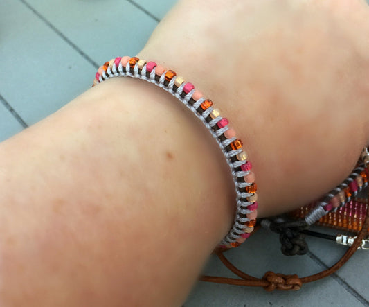 Bright Pink and Orange Top Beaded Macrame Woven Leather Stack bracelet