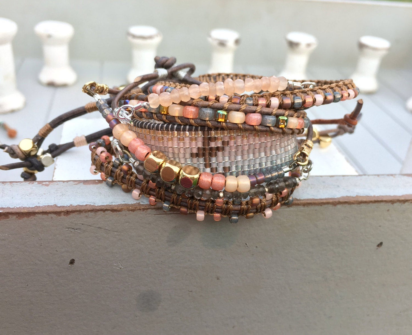 Coral Peach and Brown Set of 7 Stack Bracelets, boho stack set