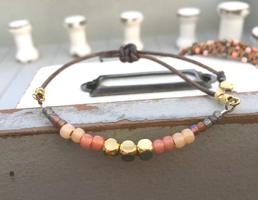 Peach Coral and Brown with Gold Adjustable Stack bracelet