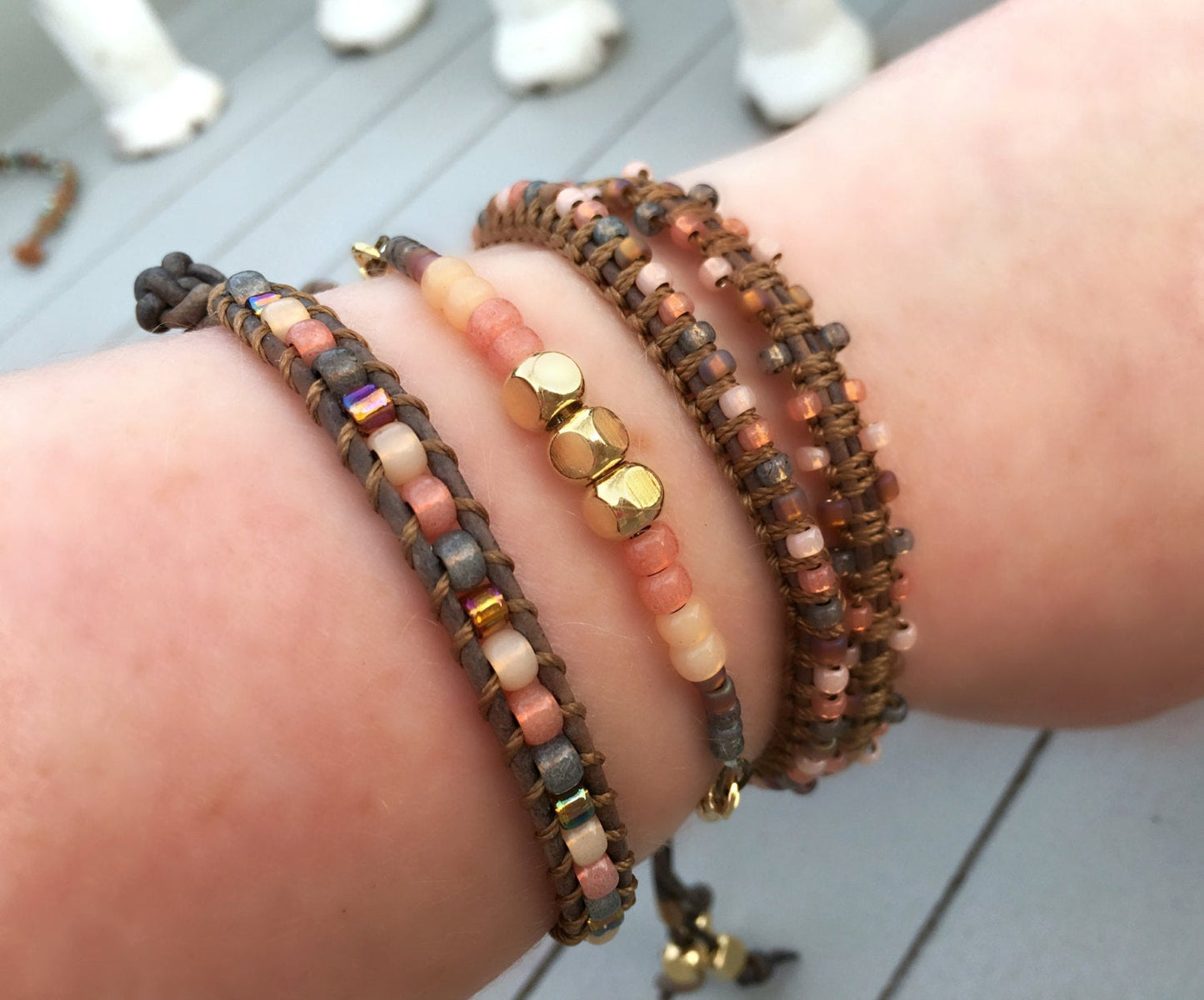 Peach Coral and Brown with Gold Adjustable Stack bracelet