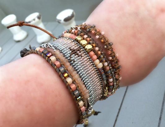 Coral Peach and Brown Ladder Woven Leather Stack bracelet
