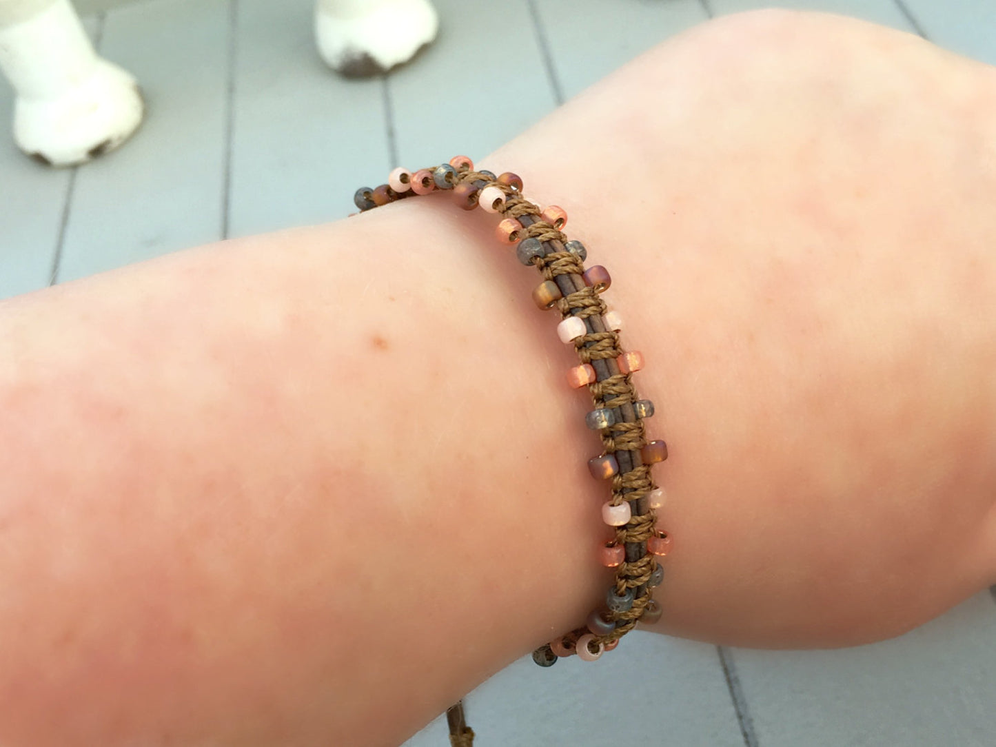 Coral Peach and Brown Side beaded Macrame Woven Leather Stack bracelet