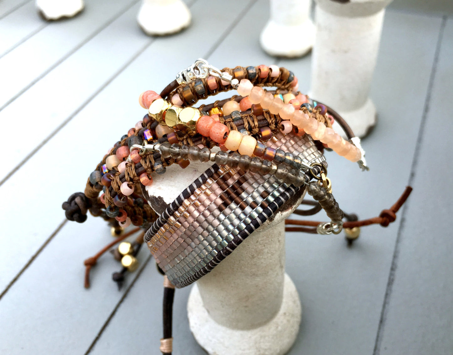 Coral Peach and Brown Side beaded Macrame Woven Leather Stack bracelet