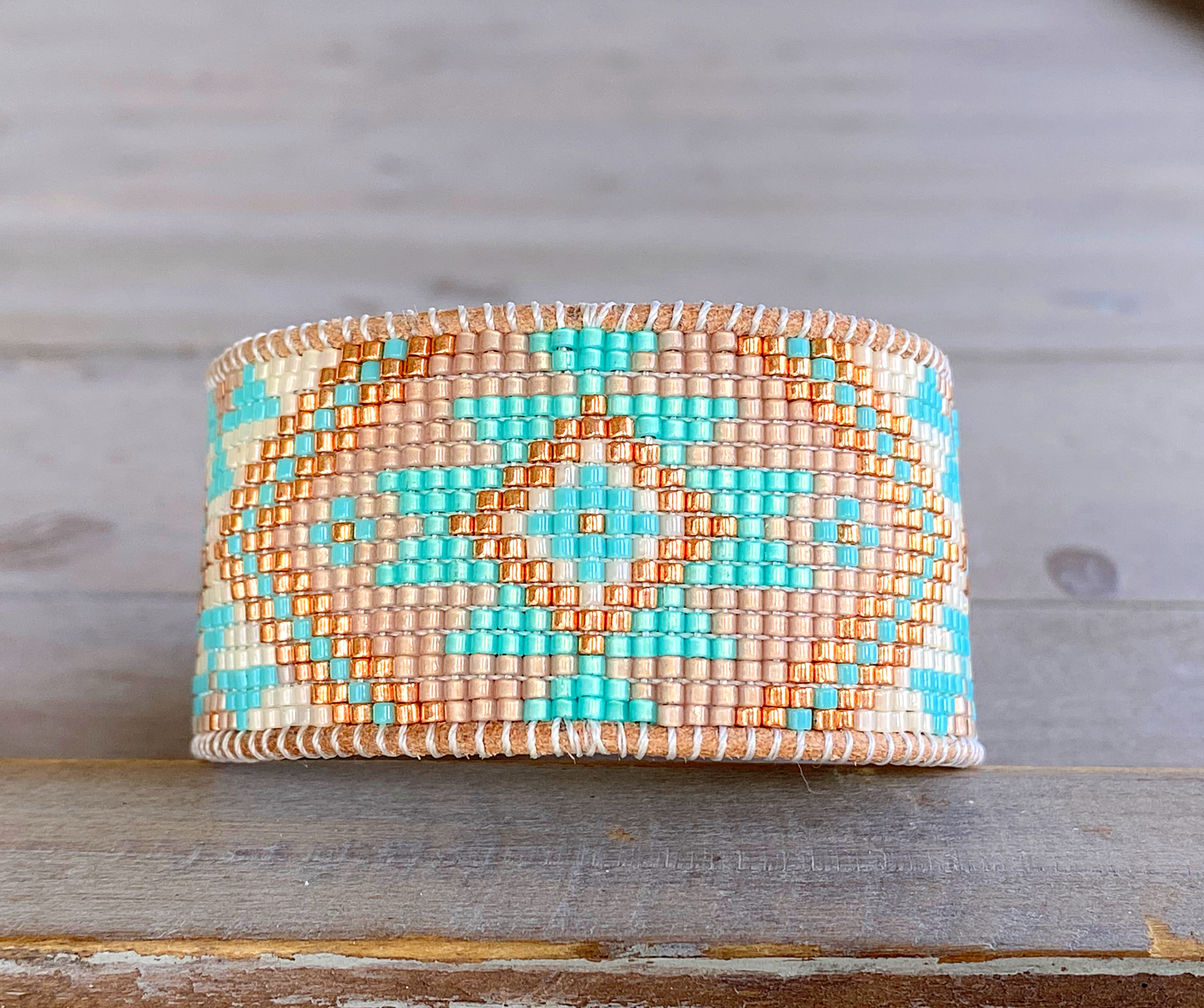 Aqua and Seafoam Beach Tribal Loom Leather Cuff Bracelet