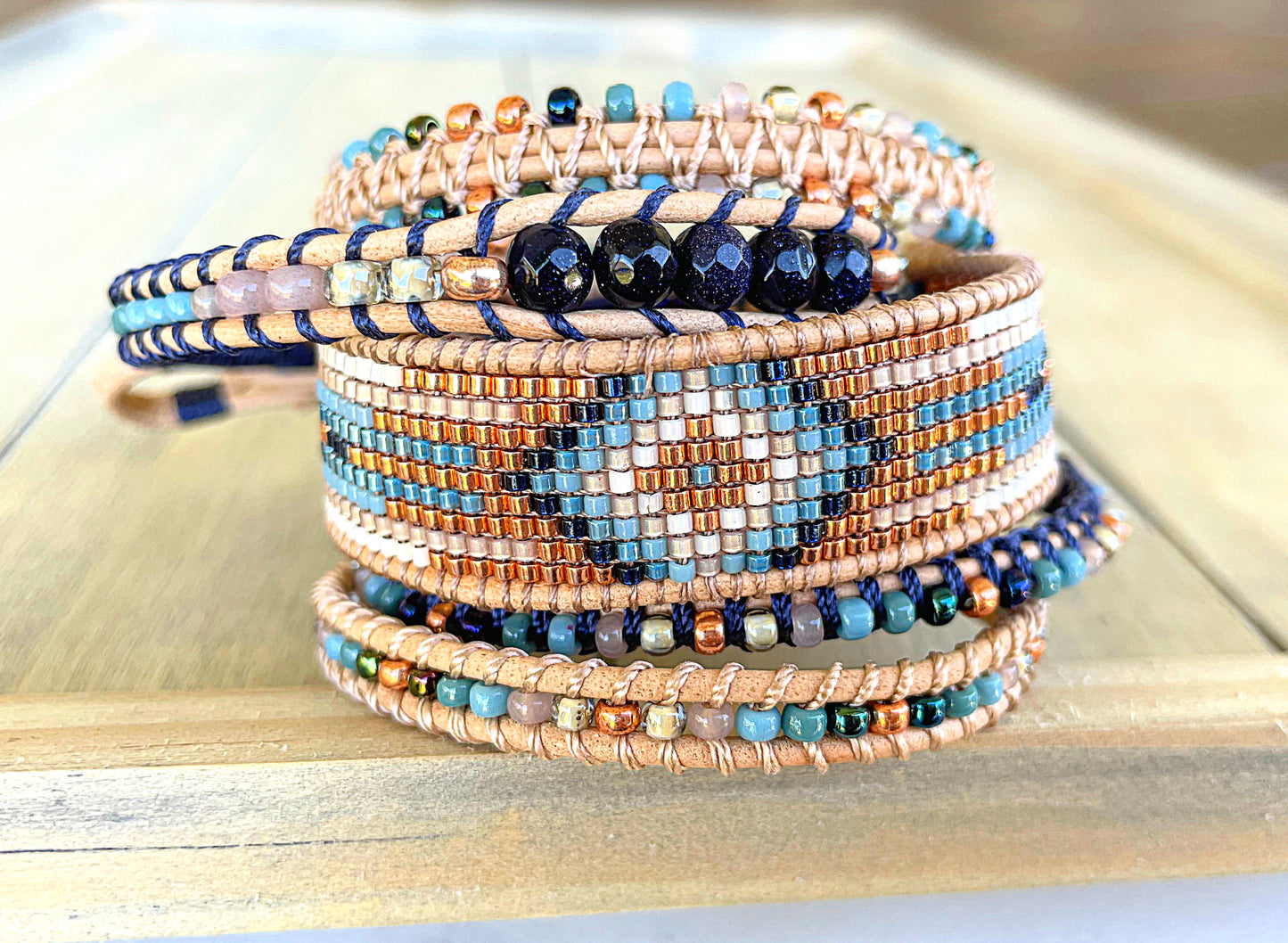 Blue, Tan, and Rose Gold Beaded Macrame Bracelet and Western Diamond Loom Set