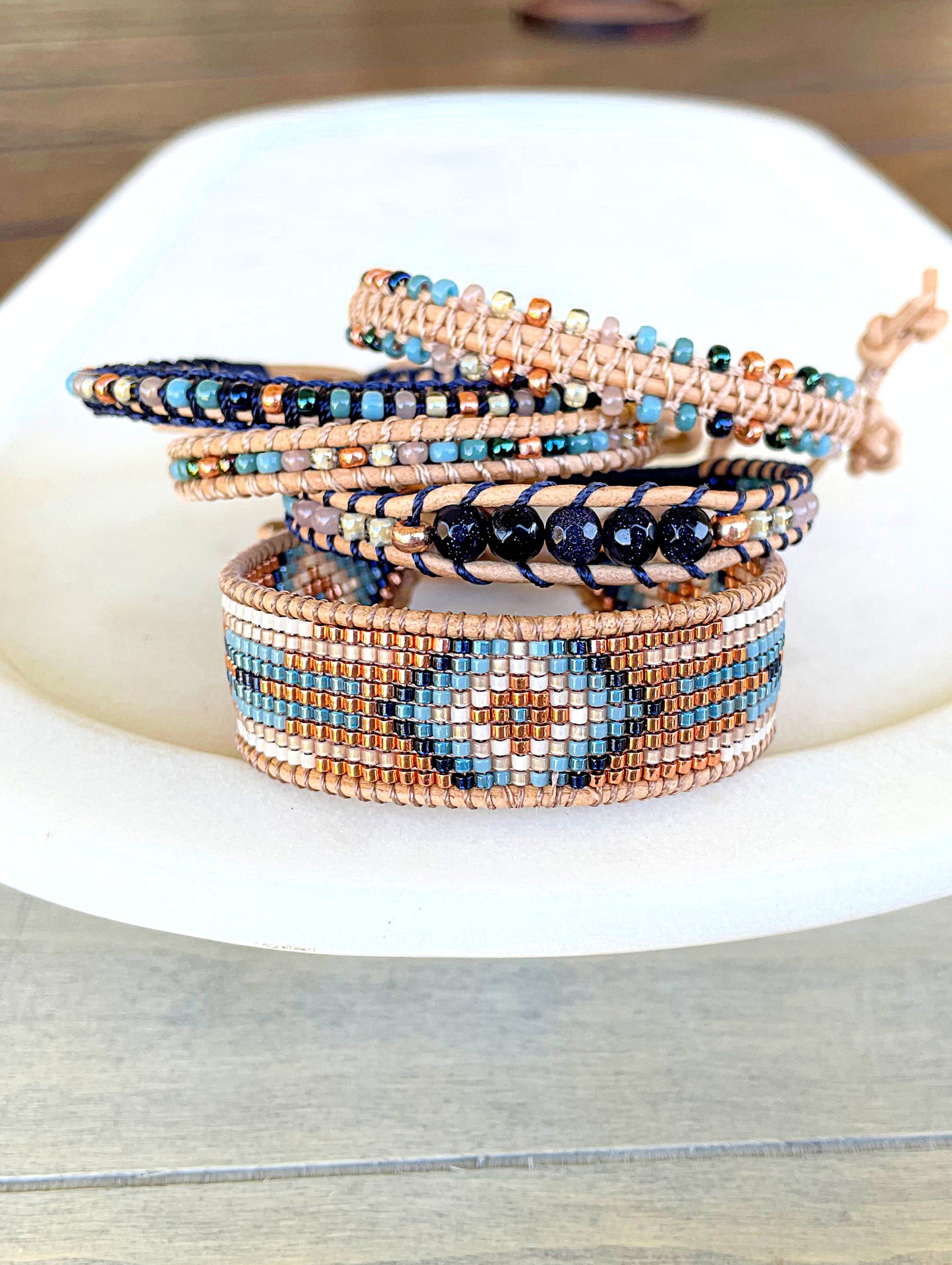 Blue, Tan, and Rose Gold Western Diamond Bead Loom Woven Bracelet