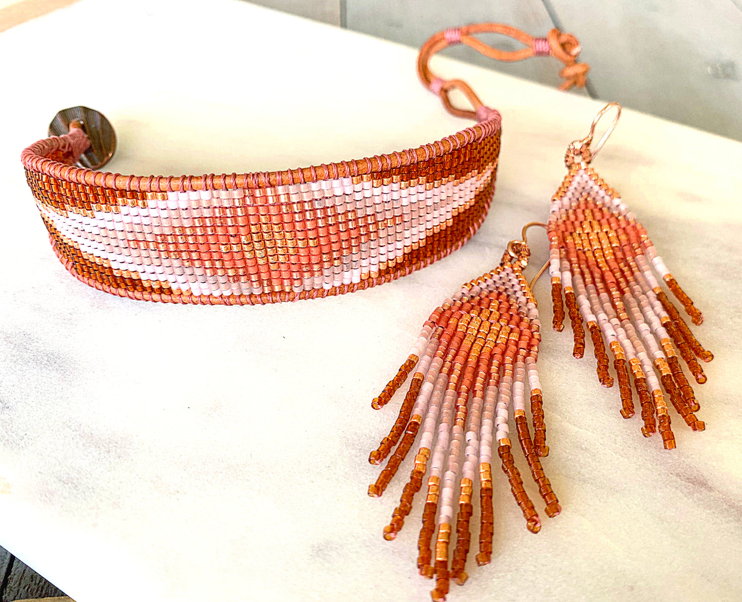 Tan and Coral Bead Loom Woven Diamond Burst Bracelet