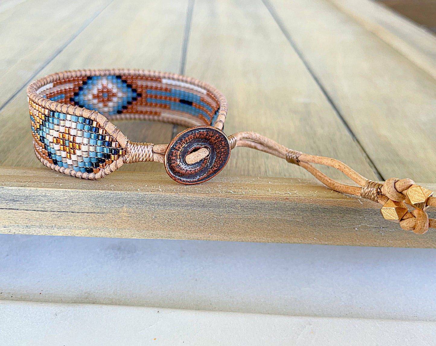 Blue, Tan, and Rose Gold Western Diamond Bead Loom Woven Bracelet