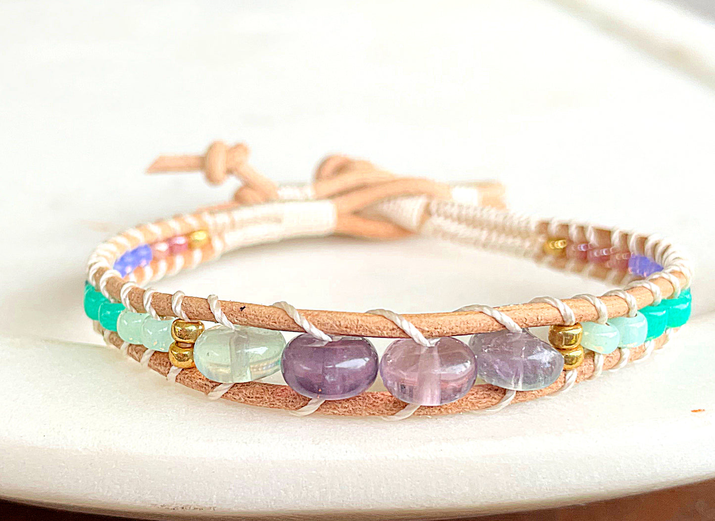 Purple, Green, and Gold Fluorite Leather Beaded Macrame Bracelet