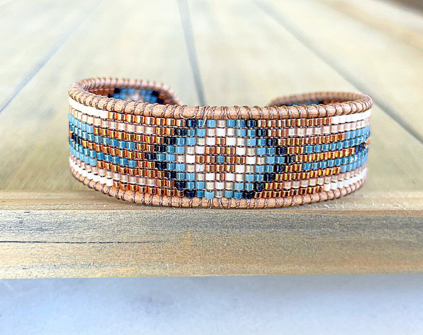 Blue, Tan, and Rose Gold Western Diamond Bead Loom Woven Bracelet