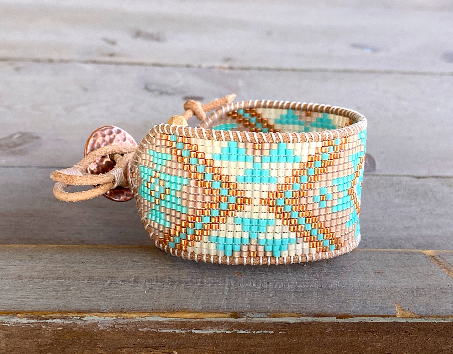 Aqua and Seafoam Beach Tribal Loom Leather Cuff Bracelet