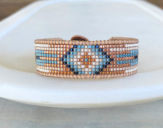 Blue, Tan, and Rose Gold Beaded Macrame Bracelet and Western Diamond Loom Set