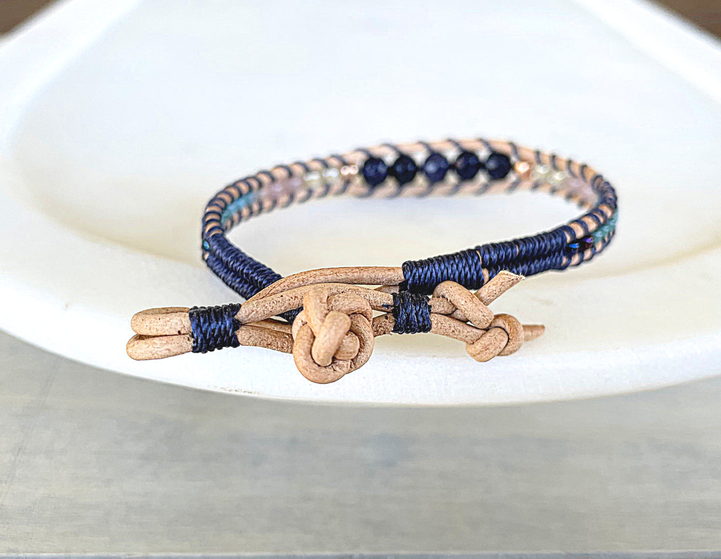 Tan, Rose Gold, and Blue Leather Beaded Macrame Bracelet