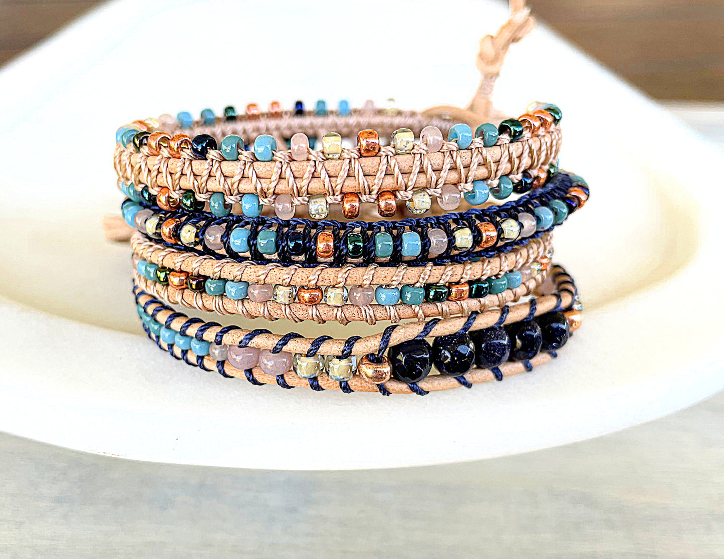 Blue, Tan, and Rose Gold Beaded Macrame Bracelet and Western Diamond Loom Set