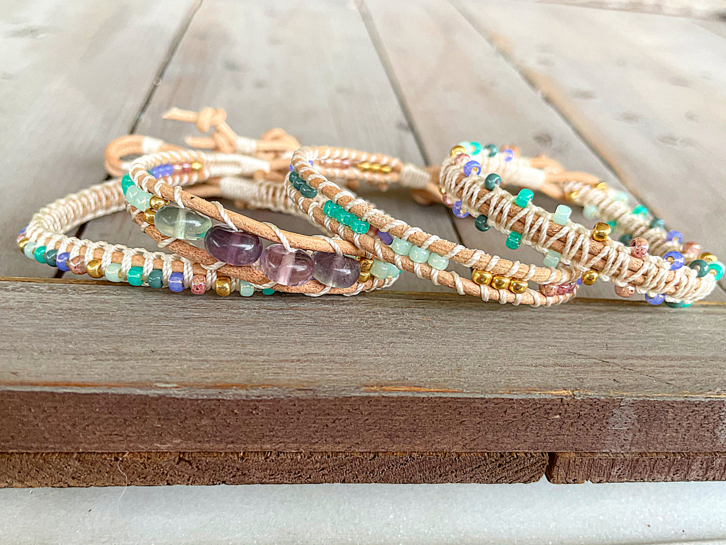 Purple, Green, Gold Beaded Macrame Bracelet and Geometric Arrow Loom Woven Set