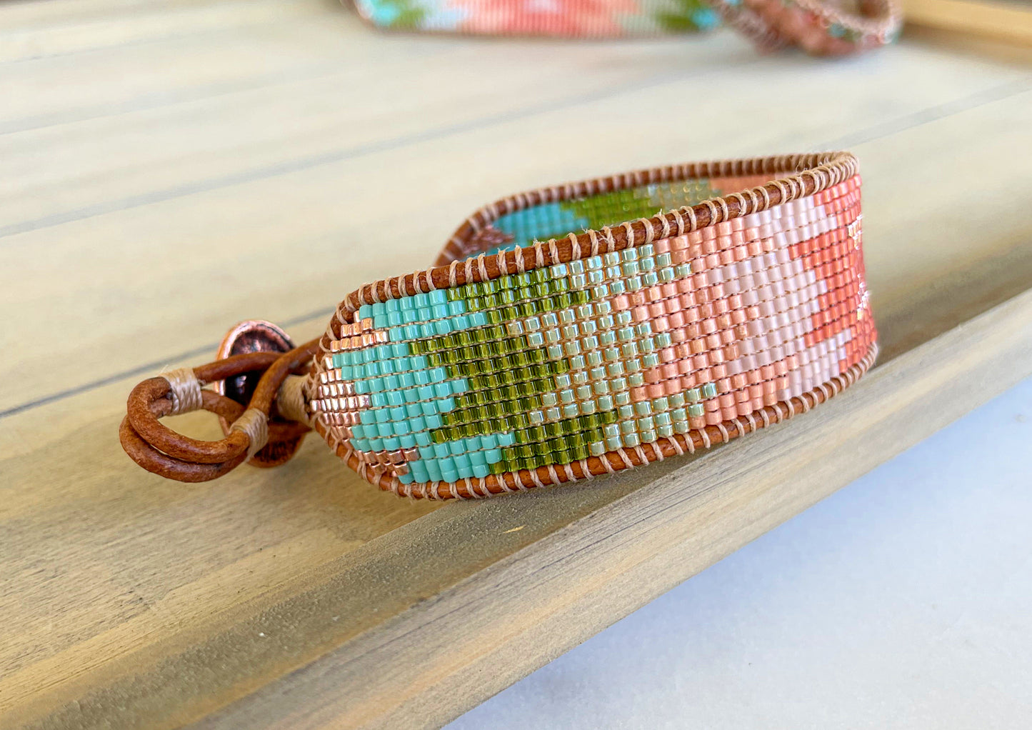 Coral, Green, and Turquoise Western Starburst Beaded Loom Bracelet