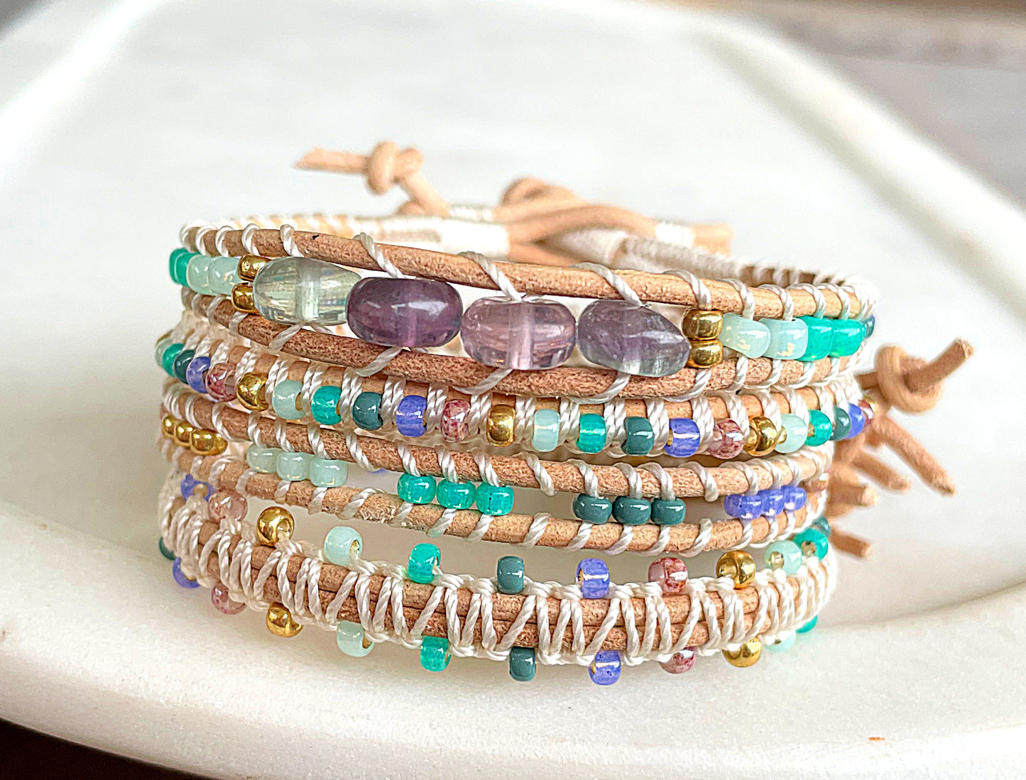 Purple, Green, and Gold Fluorite Leather Beaded Macrame Bracelet