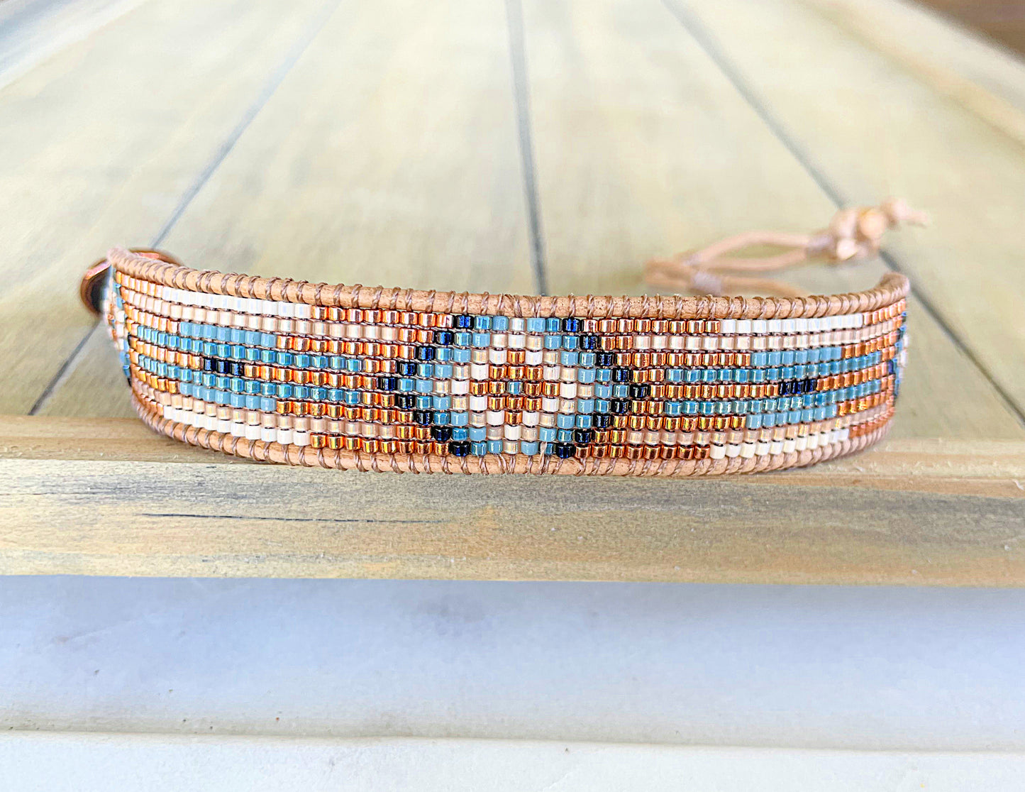 Blue, Tan, and Rose Gold Western Diamond Bead Loom Woven Bracelet