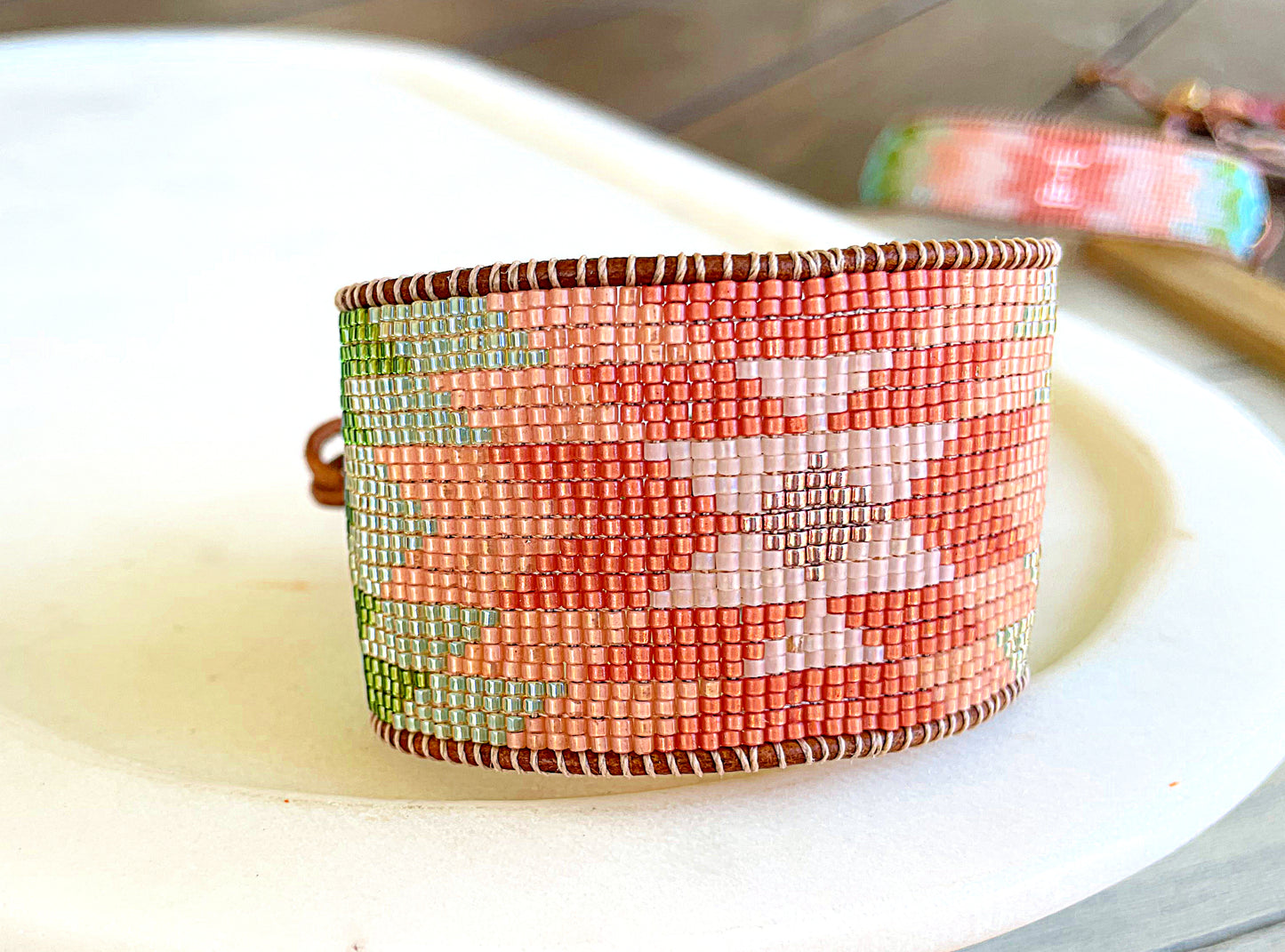 Coral,Green and Turquoise Western Cuff Starburst Beaded Loom Bracelet