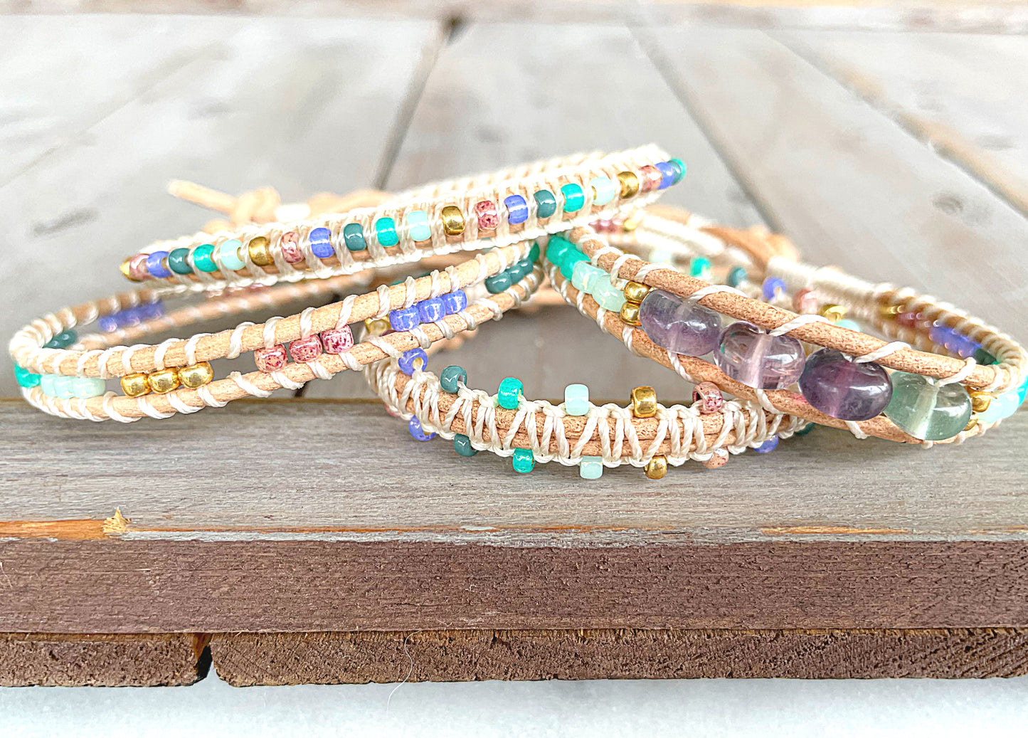 Purple, Green, and Gold Fluorite Leather Beaded Macrame Bracelet