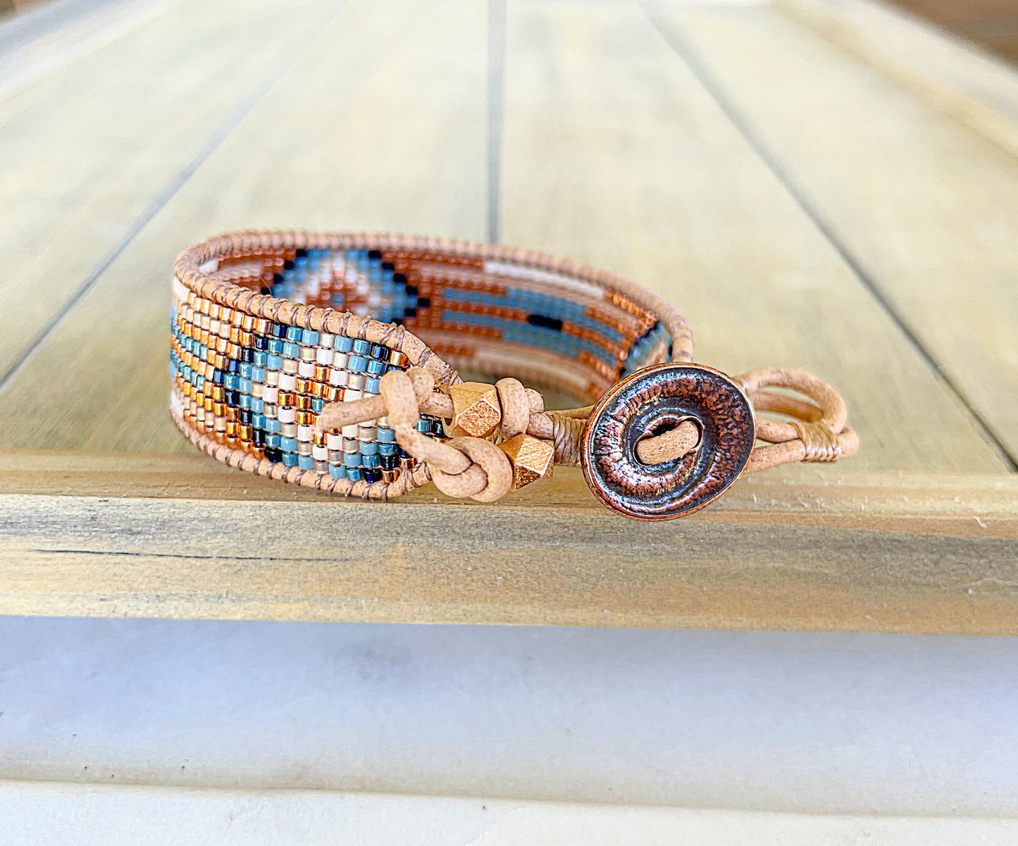 Blue, Tan, and Rose Gold Western Diamond Bead Loom Woven Bracelet