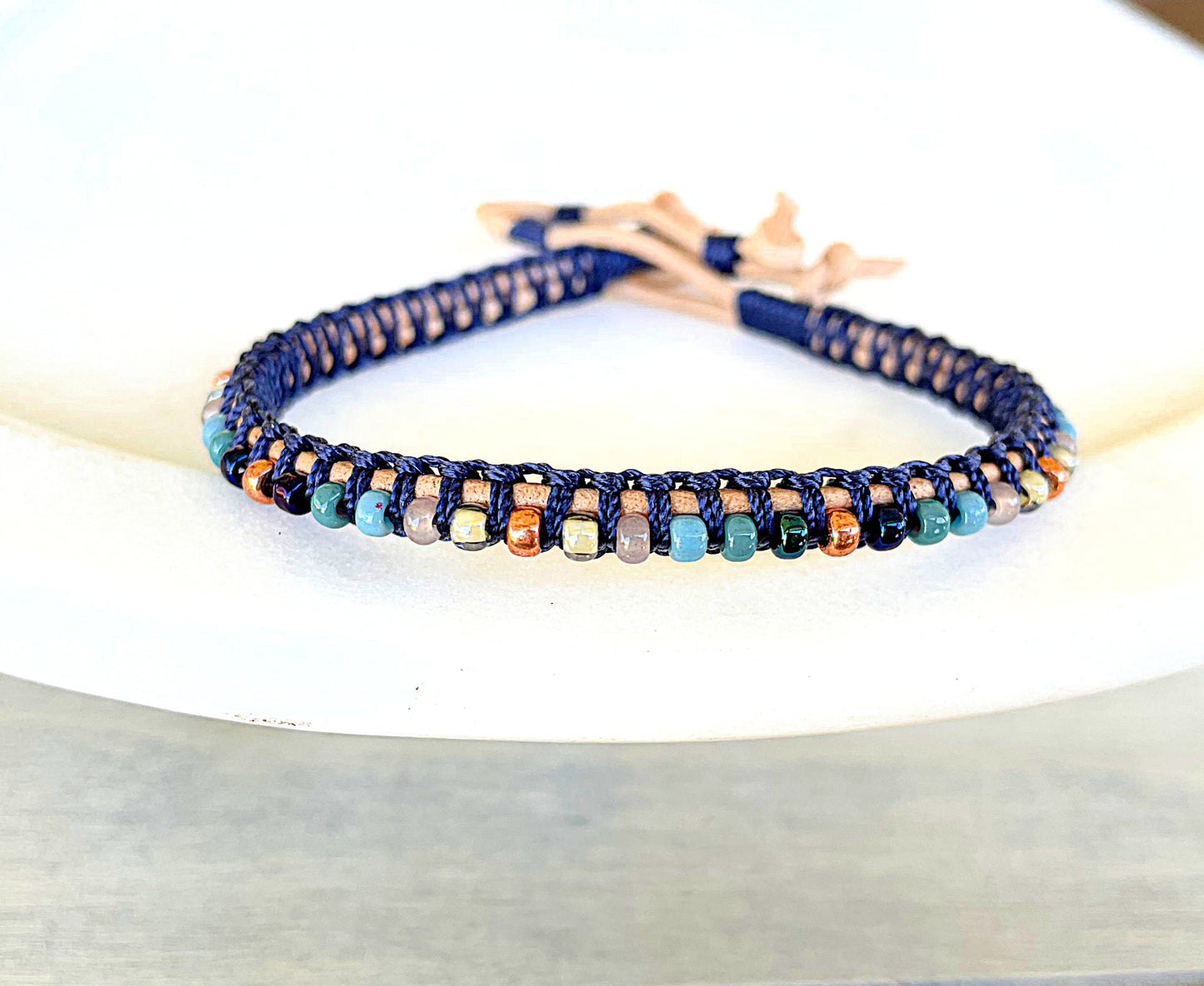 Tan, Rose Gold, and Blue Leather Beaded Macrame Bracelet