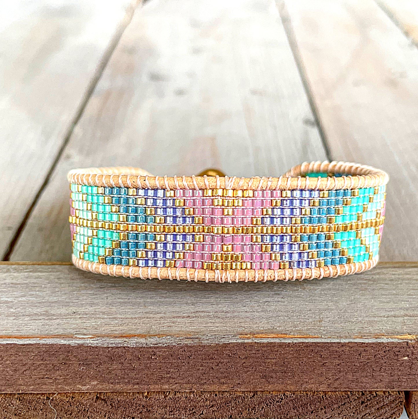 Purple, Green, and Gold Geometric Arrow Bead Loom Woven Bracelet