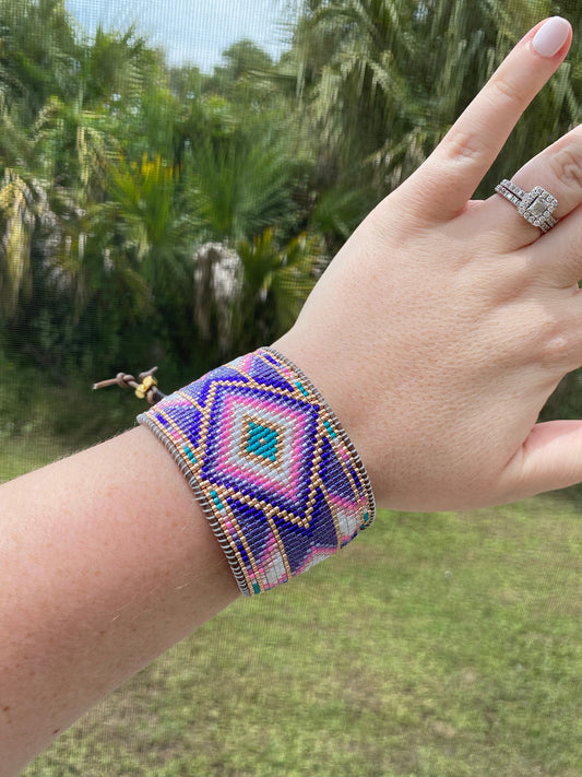 Purple and Gold Bead Loom Woven Wide Beaded Cuff Bracelet