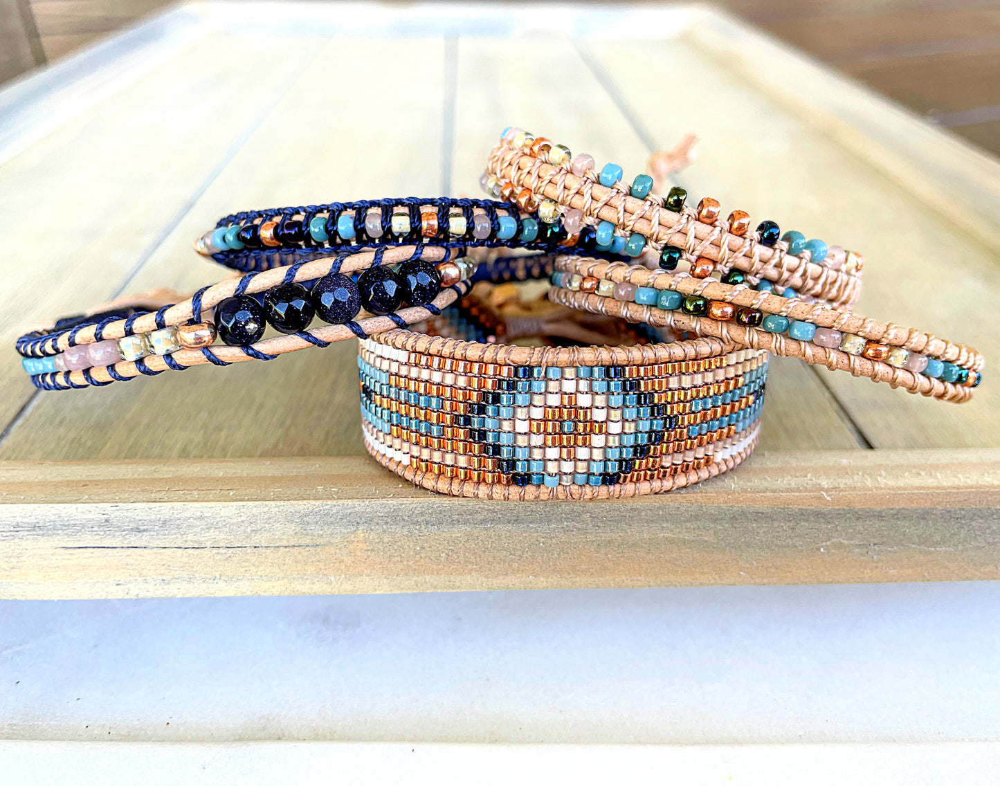 Tan, Rose Gold, and Blue Leather Beaded Macrame Bracelet