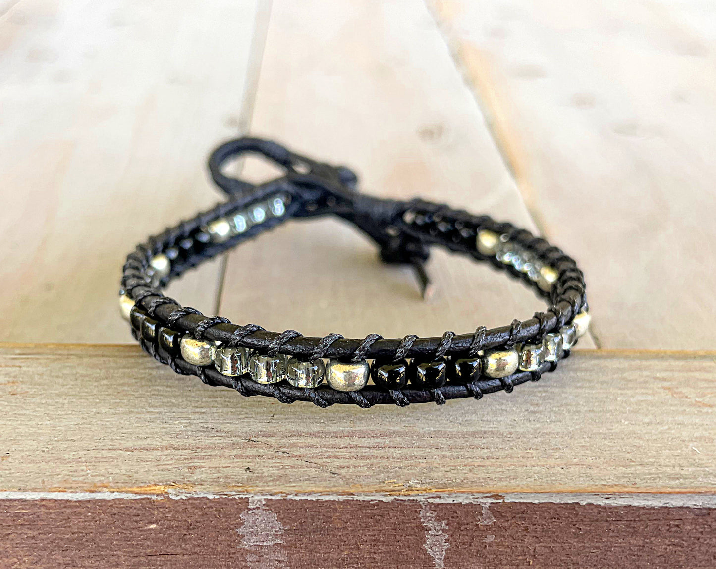 Black Onyx Leather Beaded Macrame Bracelet