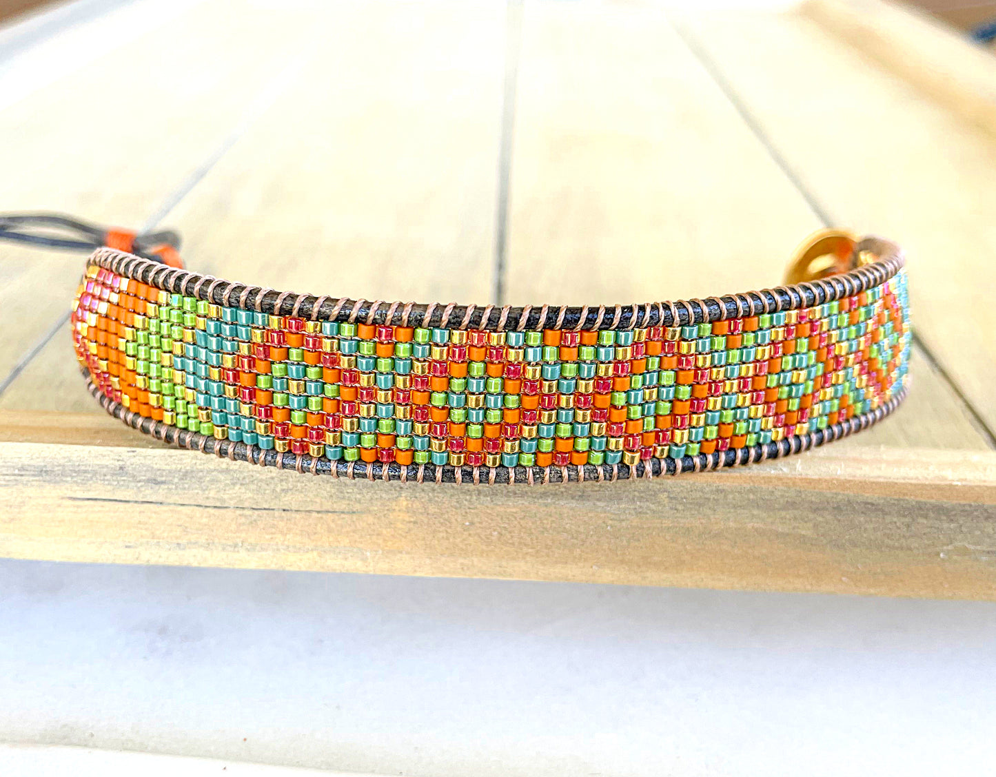 Dark Teal Rainbow Diamond Bead Loom Woven Bracelet