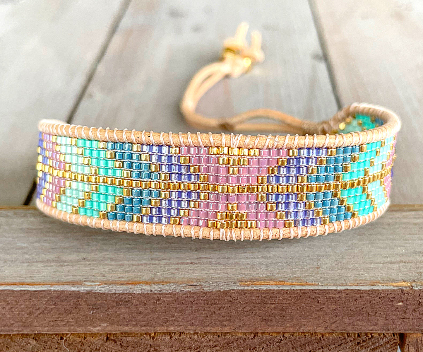 Purple, Green, and Gold Geometric Arrow Bead Loom Woven Bracelet