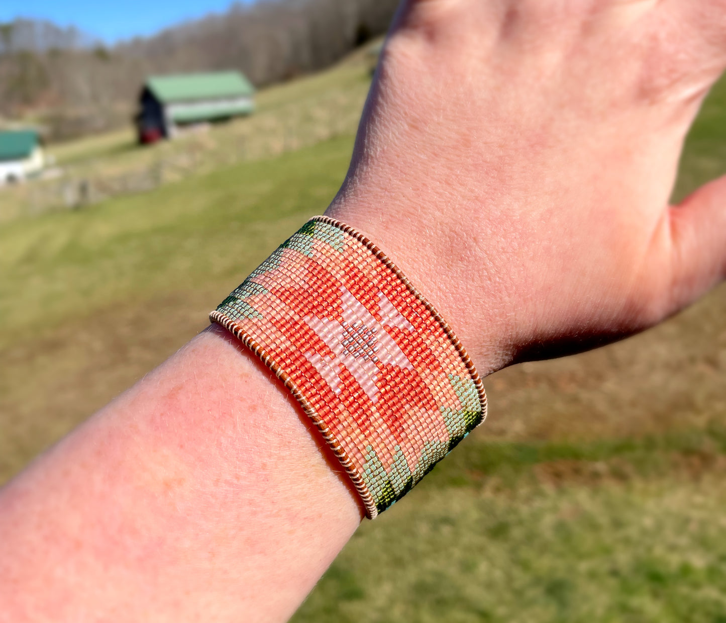 Coral,Green and Turquoise Western Cuff Starburst Beaded Loom Bracelet