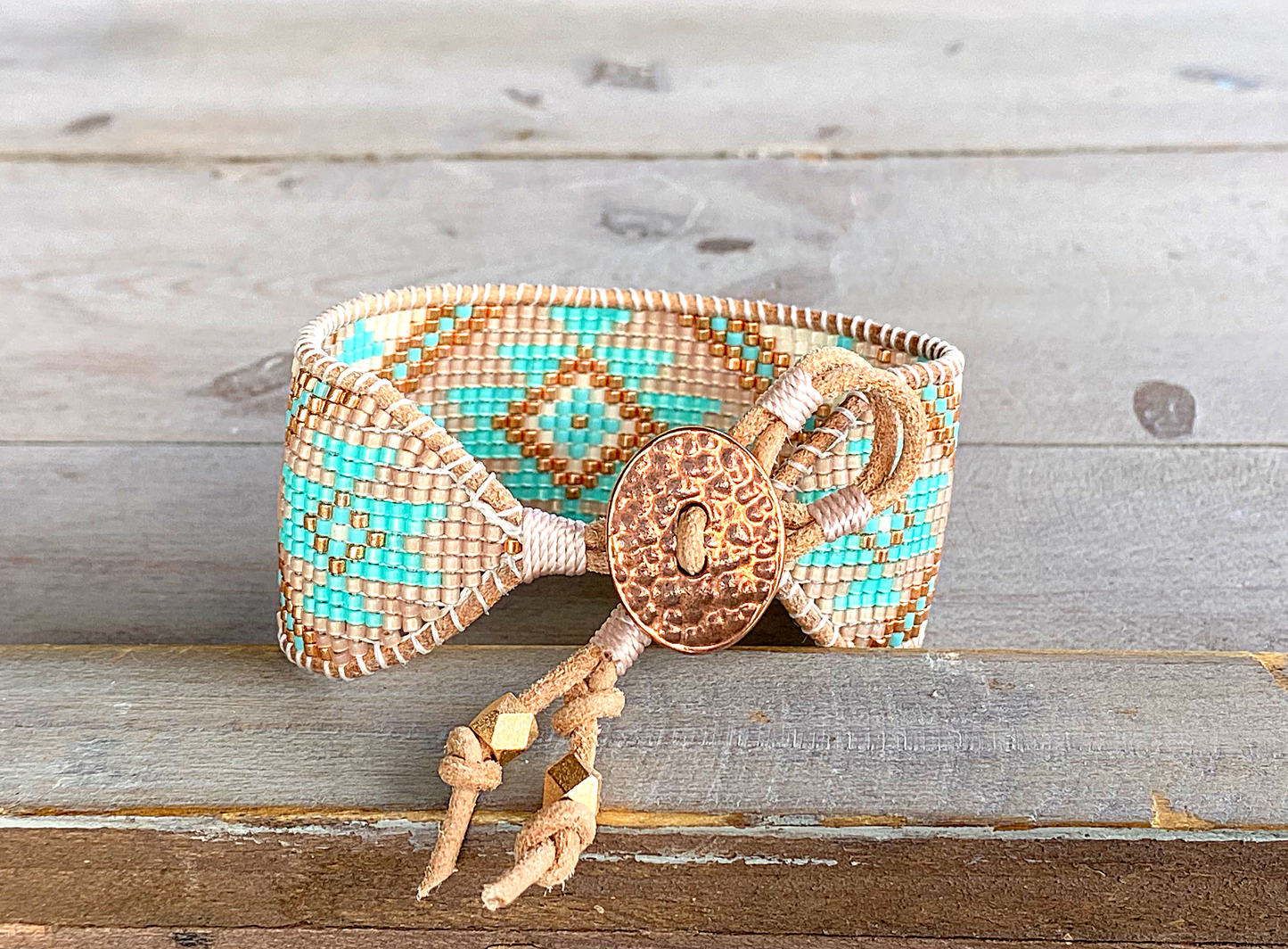 Aqua and Seafoam Beach Tribal Loom Leather Cuff Bracelet