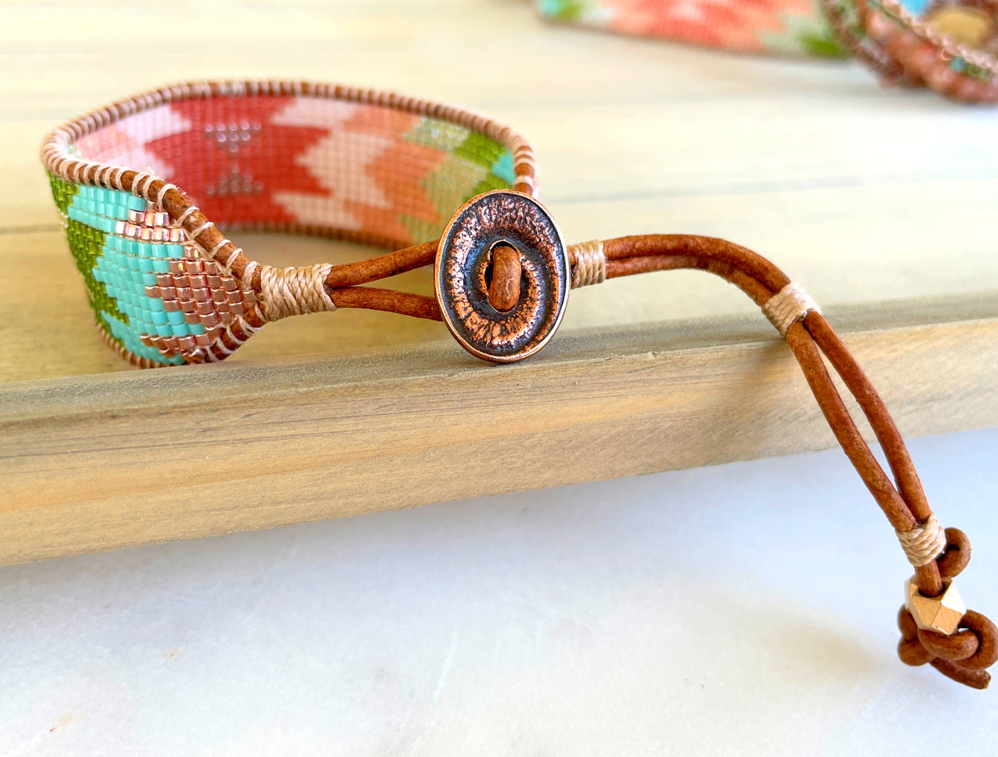 Coral, Green, and Turquoise Western Starburst Beaded Loom Bracelet