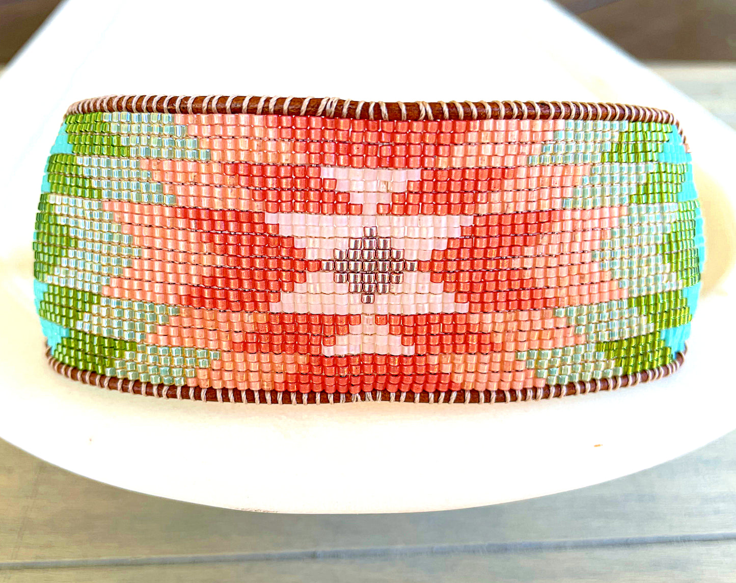 Coral,Green and Turquoise Western Cuff Starburst Beaded Loom Bracelet