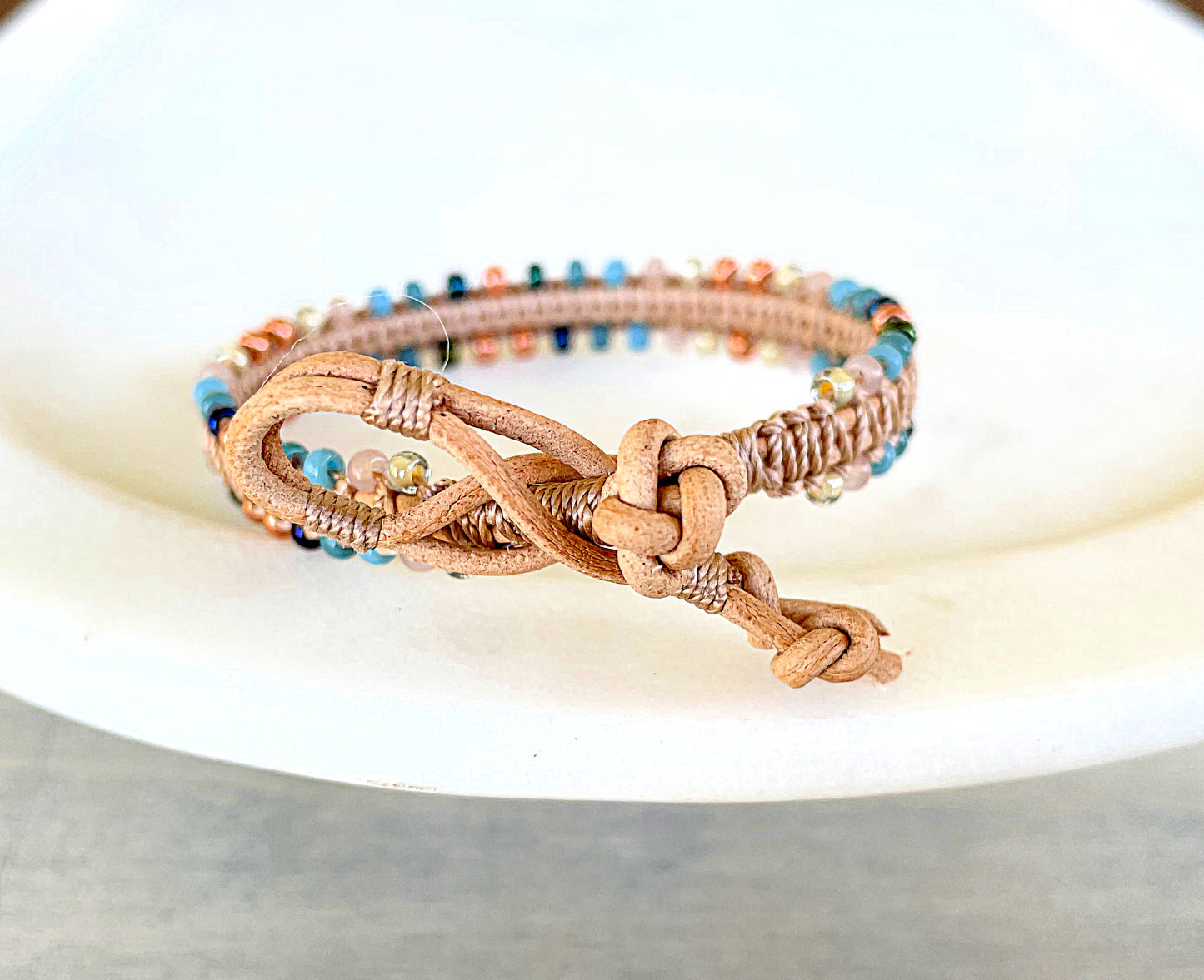 Tan, Rose Gold, and Blue Leather Beaded Macrame Bracelet