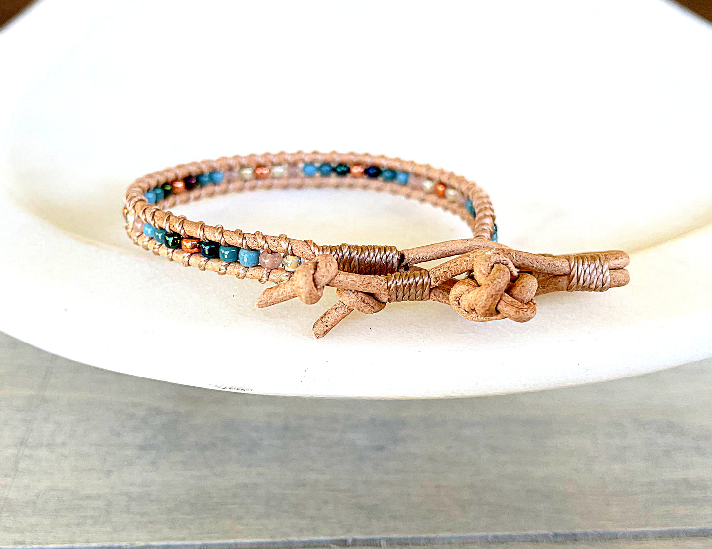 Tan, Rose Gold, and Blue Leather Beaded Macrame Bracelet