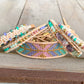 Purple, Green, Gold Beaded Macrame Bracelet and Geometric Arrow Loom Woven Set