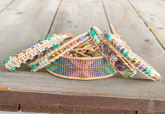 Purple, Green, Gold Beaded Macrame Bracelet and Geometric Arrow Loom Woven Set