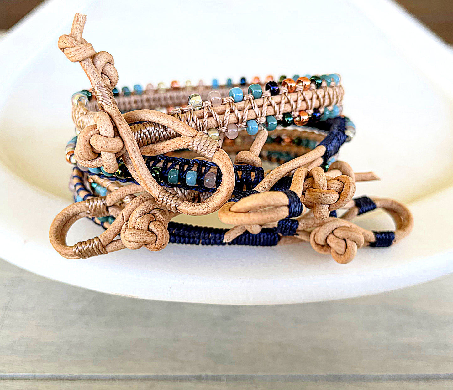 Blue, Tan, and Rose Gold Beaded Macrame Bracelet and Western Diamond Loom Set