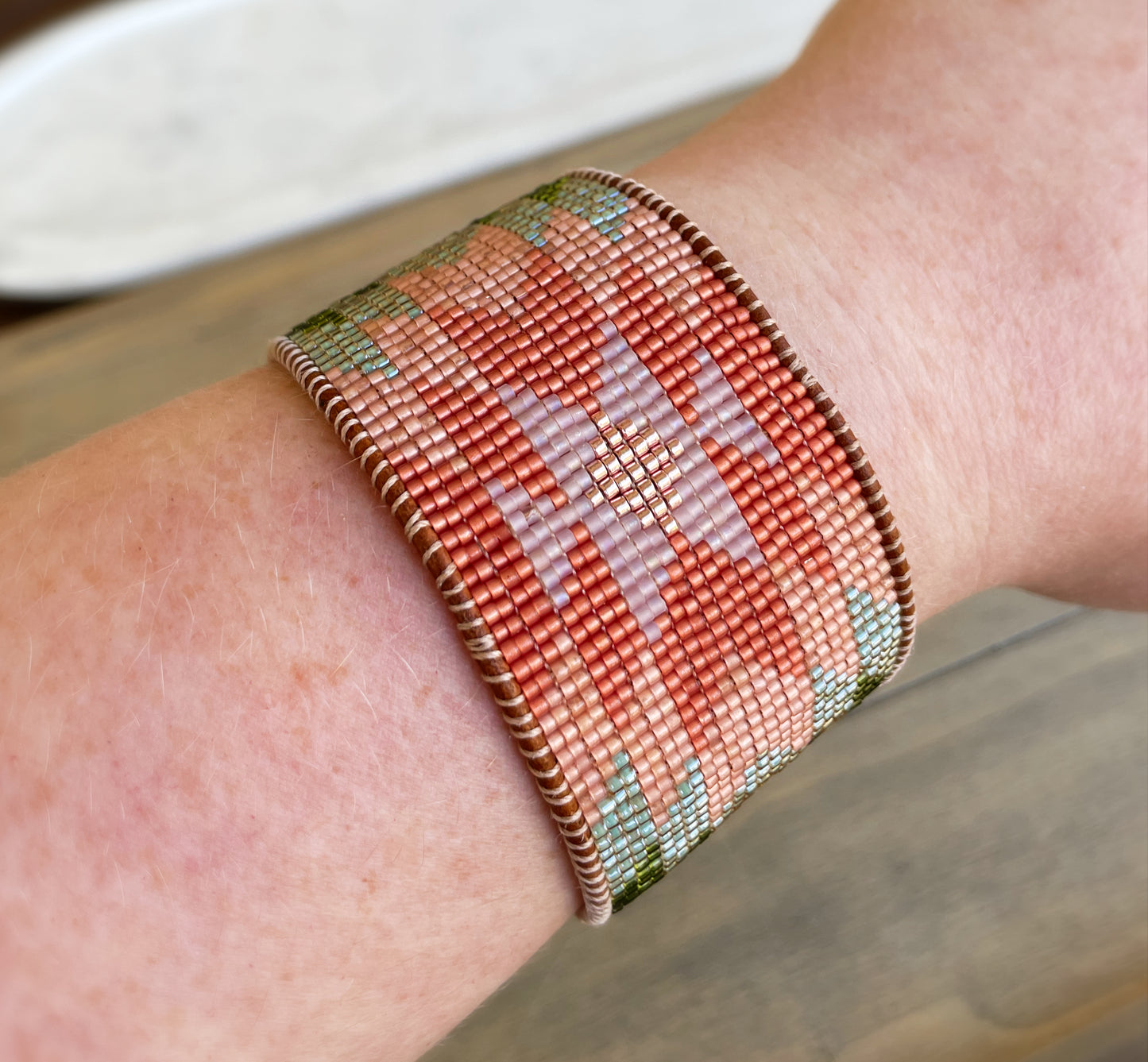 Coral,Green and Turquoise Western Cuff Starburst Beaded Loom Bracelet